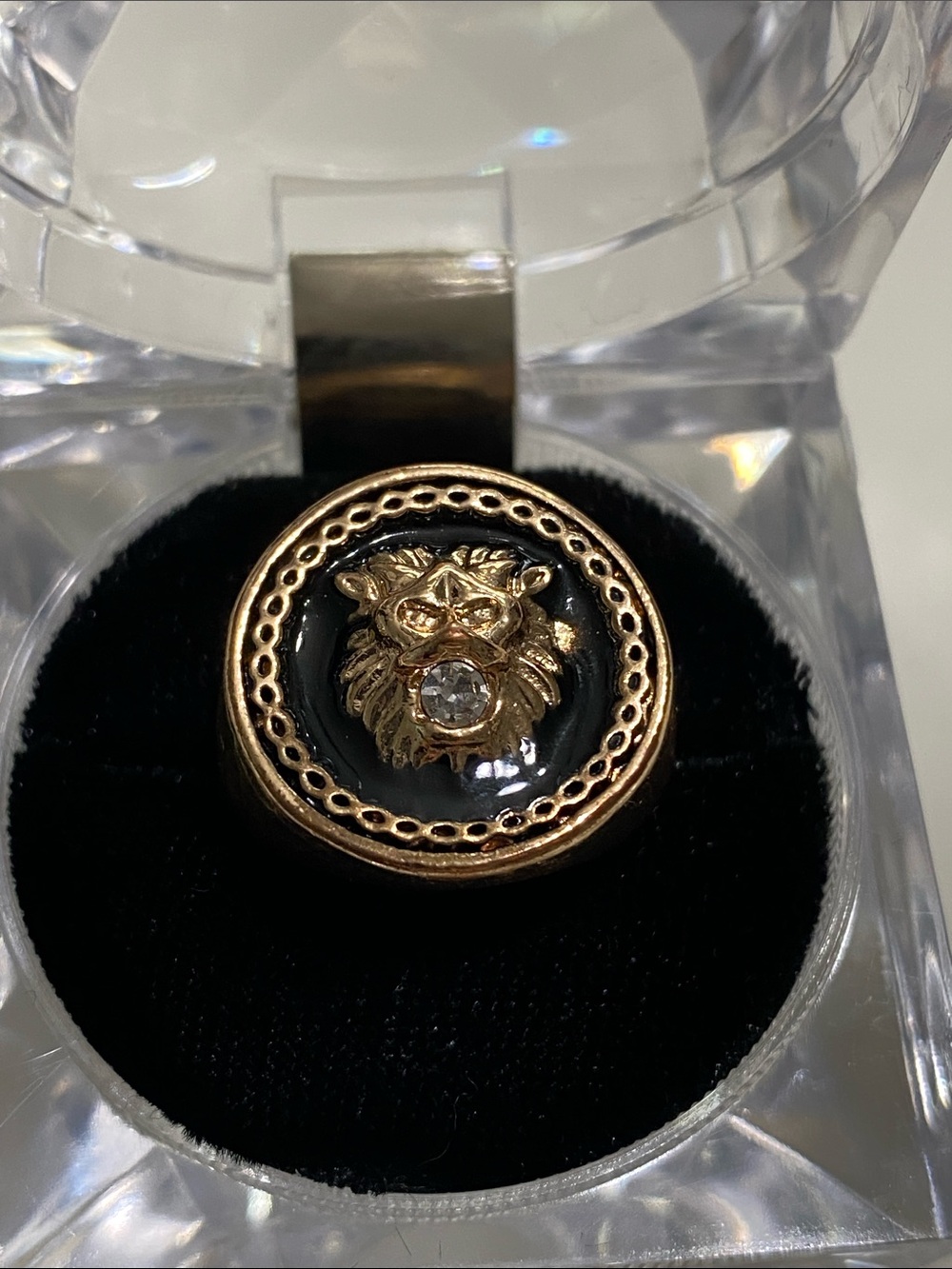Gold Lion Head Black Enamel Ring